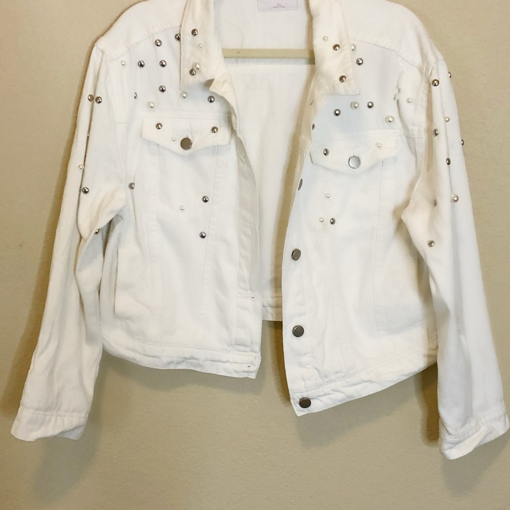 TINSEL TOWN Embellished White Jean Jacket L